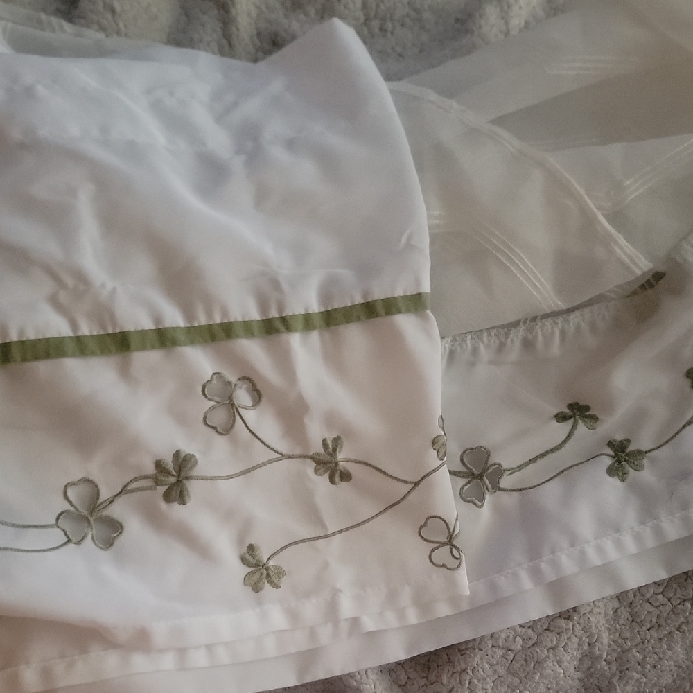 White and Green Shamrock Embroidered Fabric Curtains 3 Panels